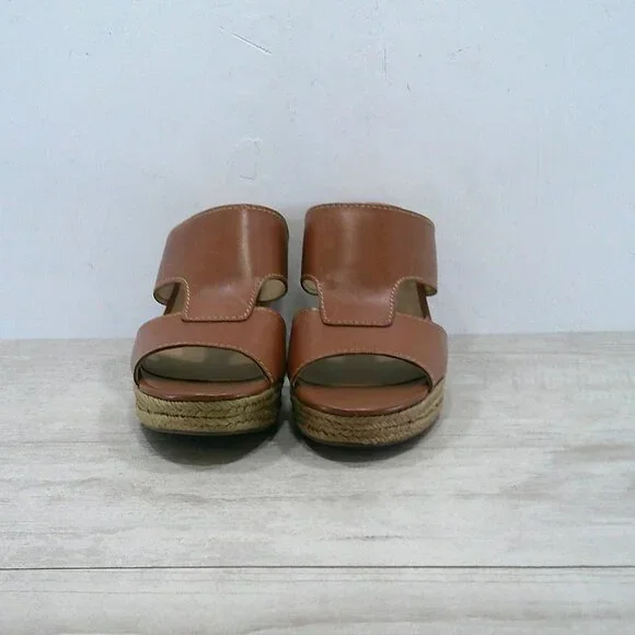 Naturalizer Evette Cognac Leather Slides Platform Wedge Peep toe Sandals 12 Wide - Picture 4 of 14